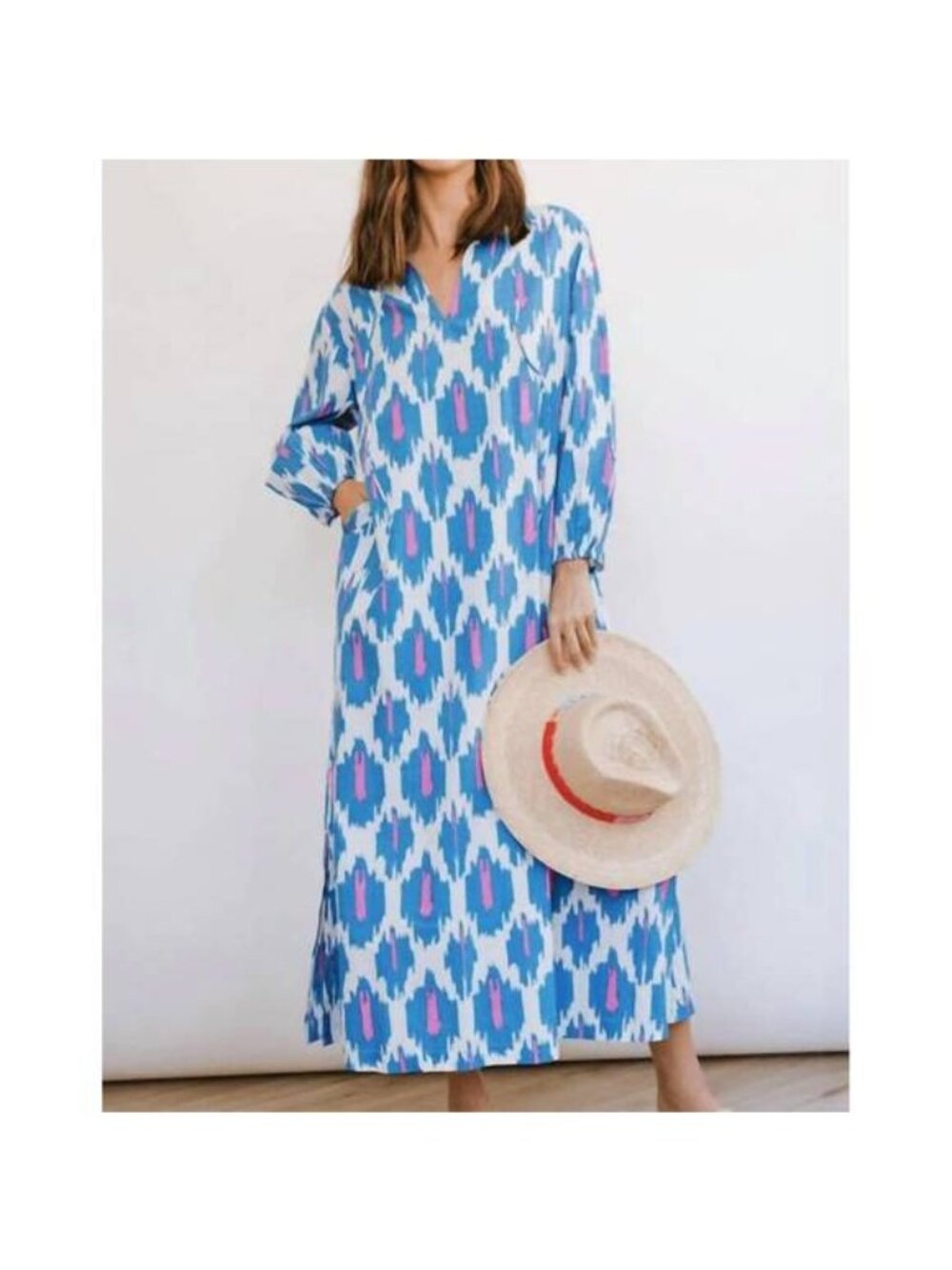 Sunshine Tienda Truman Ikat Sienna Blue Maxi Dress Long Sleeve Womens Medium